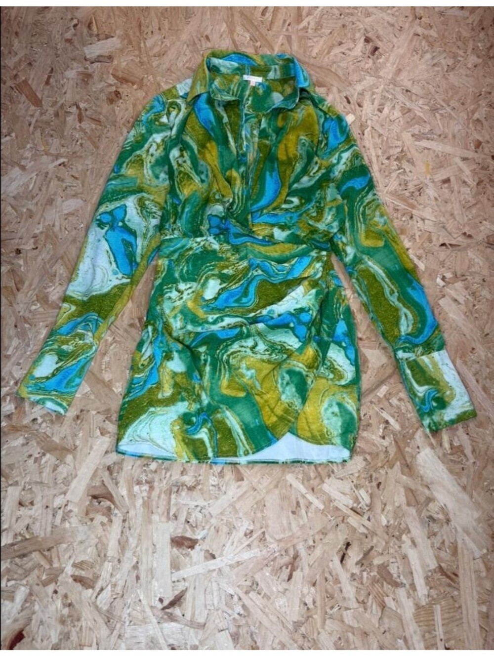 Luxxel Green Marble Print Mini Dress Womens Medium Long Sleeve Ruched Wrap Front